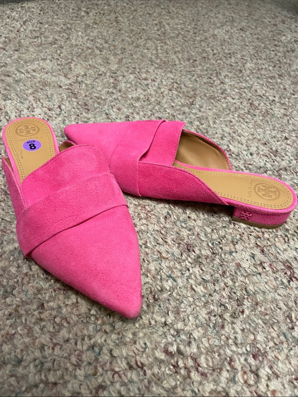 Tory Burch Hot Pink Suede Pointed Toe Slip-On Mules with logo heel- new